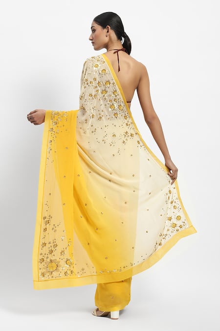 Shop Satya Paul Yellow Viscose, Georgette Sequins Dreaming Of Zinnia Saree With Running Blouse at Aza Fashions Shop_Satya Paul_Yellow Viscose, Georgette Sequins Dreaming Of Zinnia Saree With Running Blouse _at_Aza_Fashions