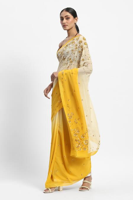 Satya Paul Yellow Viscose, Georgette Sequins Dreaming Of Zinnia Saree With Running Blouse Online at Aza Fashions Satya Paul_Yellow Viscose, Georgette Sequins Dreaming Of Zinnia Saree With Running Blouse _Online_at_Aza_Fashions