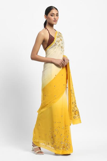 Buy Satya Paul Yellow Viscose, Georgette Sequins Dreaming Of Zinnia Saree With Running Blouse Online at Aza Fashions Buy_Satya Paul_Yellow Viscose, Georgette Sequins Dreaming Of Zinnia Saree With Running Blouse _Online_at_Aza_Fashions