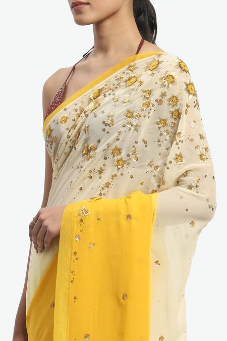 Shop Satya Paul Yellow Viscose, Georgette Sequins Dreaming Of Zinnia Saree With Running Blouse Online at Aza Fashions Shop_Satya Paul_Yellow Viscose, Georgette Sequins Dreaming Of Zinnia Saree With Running Blouse _Online_at_Aza_Fashions