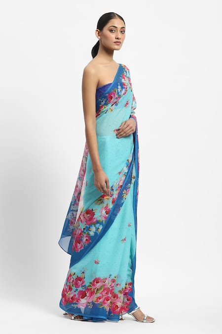 Buy_Satya Paul_Green Chiffon Aquaria Printed Saree With Running Blouse _Online_at_Aza_Fashions