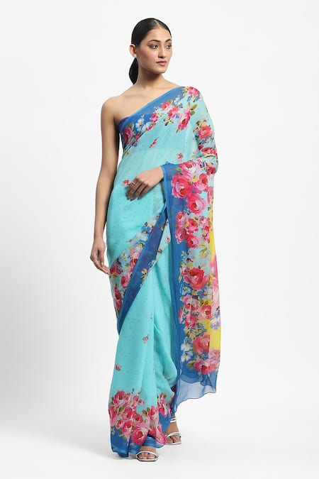 Shop_Satya Paul_Green Chiffon Aquaria Printed Saree With Running Blouse _Online_at_Aza_Fashions