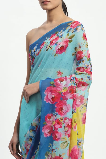 Satya Paul_Green Chiffon Aquaria Printed Saree With Running Blouse _at_Aza_Fashions