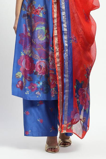 Satya Paul_Blue Chanderi Collared Laila Sings Printed Kurta Pant Set _Online_at_Aza_Fashions