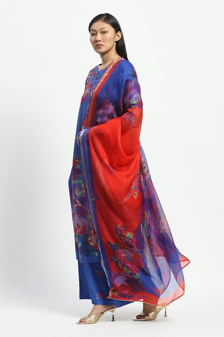 Buy_Satya Paul_Blue Chanderi Collared Laila Sings Printed Kurta Pant Set _Online_at_Aza_Fashions