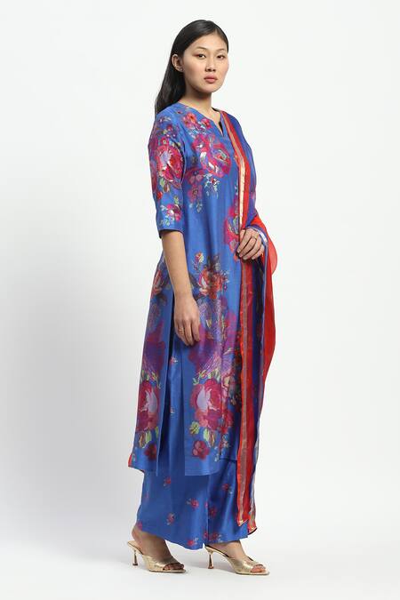 Shop_Satya Paul_Blue Chanderi Collared Laila Sings Printed Kurta Pant Set _Online_at_Aza_Fashions
