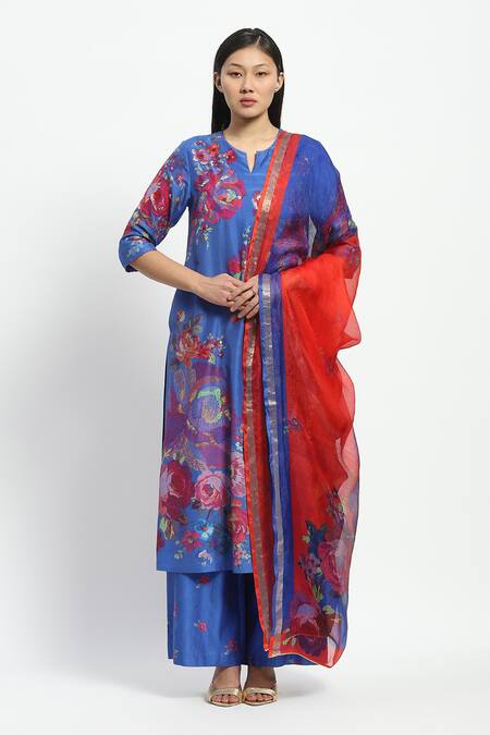 Satya Paul_Blue Chanderi Collared Laila Sings Printed Kurta Pant Set _at_Aza_Fashions