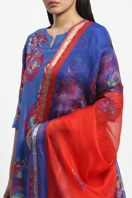 Buy_Satya Paul_Blue Chanderi Collared Laila Sings Printed Kurta Pant Set 