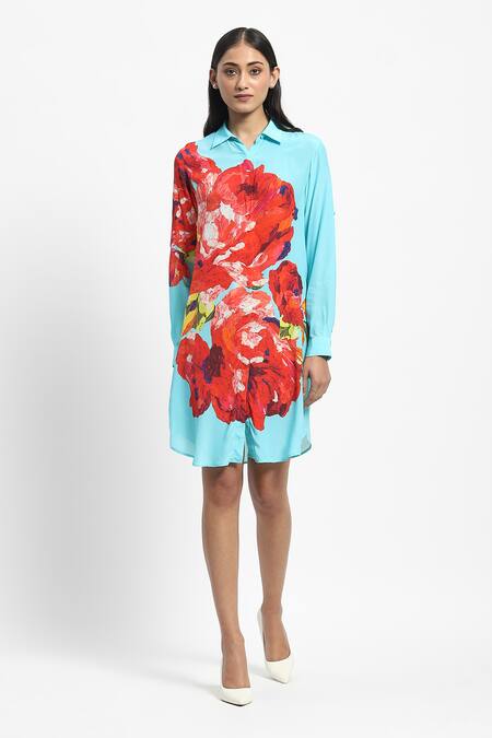 Satya Paul Blue Viscose, Crepe Collared Skies And Cheese Print Dress Online at Aza Fashions Satya Paul_Blue Viscose, Crepe Collared Skies And Cheese Print Dress _Online_at_Aza_Fashions