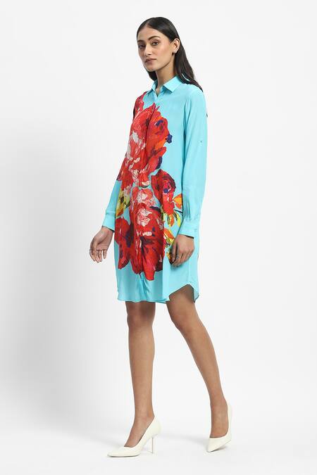 Buy Satya Paul Blue Viscose, Crepe Collared Skies And Cheese Print Dress Online at Aza Fashions Buy_Satya Paul_Blue Viscose, Crepe Collared Skies And Cheese Print Dress _Online_at_Aza_Fashions