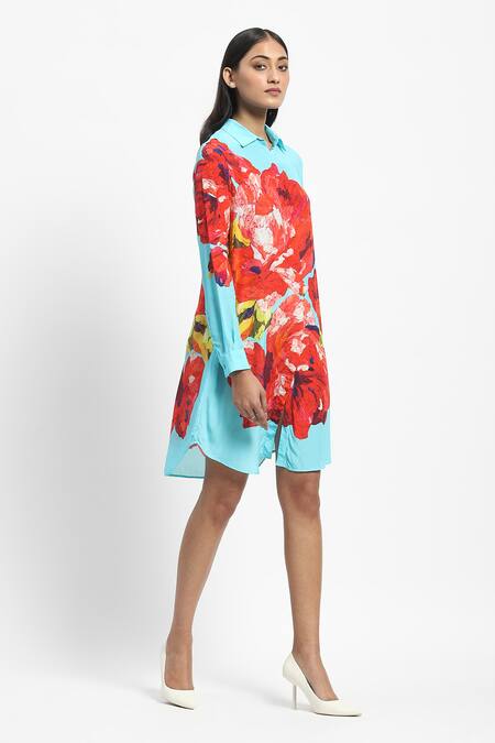 Shop Satya Paul Blue Viscose, Crepe Collared Skies And Cheese Print Dress Online at Aza Fashions Shop_Satya Paul_Blue Viscose, Crepe Collared Skies And Cheese Print Dress _Online_at_Aza_Fashions