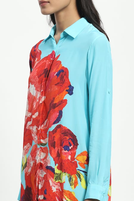 Satya Paul Blue Viscose, Crepe Collared Skies And Cheese Print Dress at Aza Fashions Satya Paul_Blue Viscose, Crepe Collared Skies And Cheese Print Dress _at_Aza_Fashions