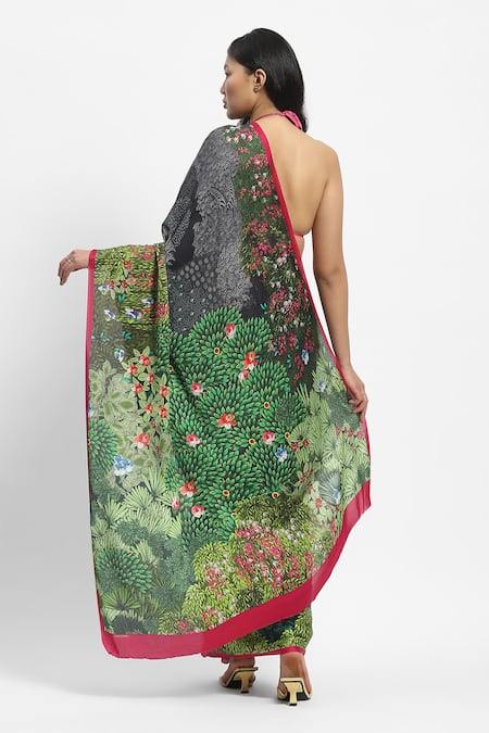 Shop Satya Paul Green Georgette, Satin Mughal Forest Print Saree With Running Blouse at Aza Fashions Shop_Satya Paul_Green Georgette, Satin Mughal Forest Print Saree With Running Blouse _at_Aza_Fashions
