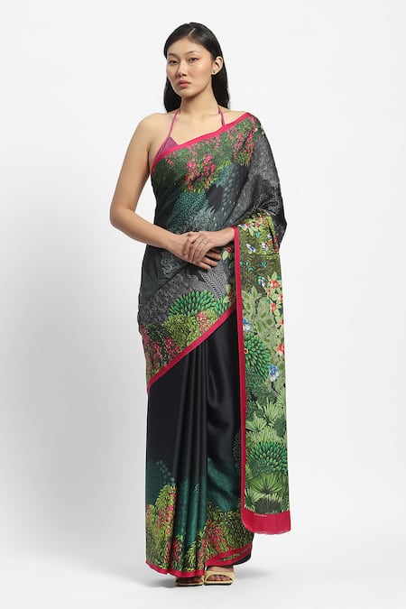Satya Paul Green Georgette, Satin Mughal Forest Print Saree With Running Blouse Online at Aza Fashions Satya Paul_Green Georgette, Satin Mughal Forest Print Saree With Running Blouse _Online_at_Aza_Fashions