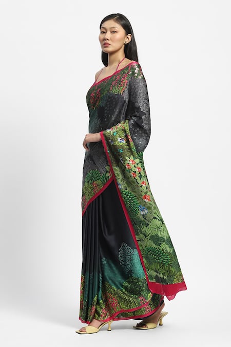 Buy Satya Paul Green Georgette, Satin Mughal Forest Print Saree With Running Blouse Online at Aza Fashions Buy_Satya Paul_Green Georgette, Satin Mughal Forest Print Saree With Running Blouse _Online_at_Aza_Fashions