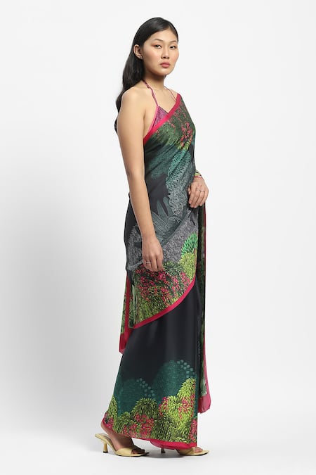 Shop Satya Paul Green Georgette, Satin Mughal Forest Print Saree With Running Blouse Online at Aza Fashions Shop_Satya Paul_Green Georgette, Satin Mughal Forest Print Saree With Running Blouse _Online_at_Aza_Fashions