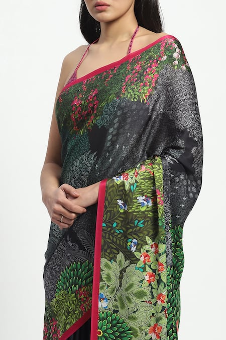 Satya Paul Green Georgette, Satin Mughal Forest Print Saree With Running Blouse at Aza Fashions Satya Paul_Green Georgette, Satin Mughal Forest Print Saree With Running Blouse _at_Aza_Fashions