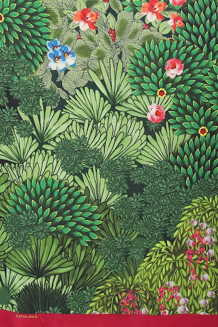 Buy Satya Paul Green Georgette, Satin Mughal Forest Print Saree With Running Blouse Buy_Satya Paul_Green Georgette, Satin Mughal Forest Print Saree With Running Blouse