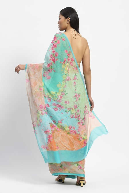 Shop Satya Paul Blue Chiffon Marseille Noon Print Saree With Running Blouse at Aza Fashions Shop_Satya Paul_Blue Chiffon Marseille Noon Print Saree With Running Blouse _at_Aza_Fashions