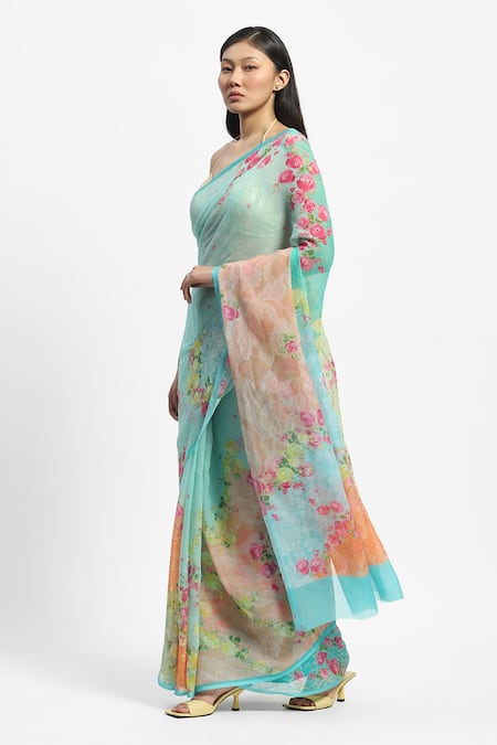 Satya Paul Blue Chiffon Marseille Noon Print Saree With Running Blouse Online at Aza Fashions Satya Paul_Blue Chiffon Marseille Noon Print Saree With Running Blouse _Online_at_Aza_Fashions