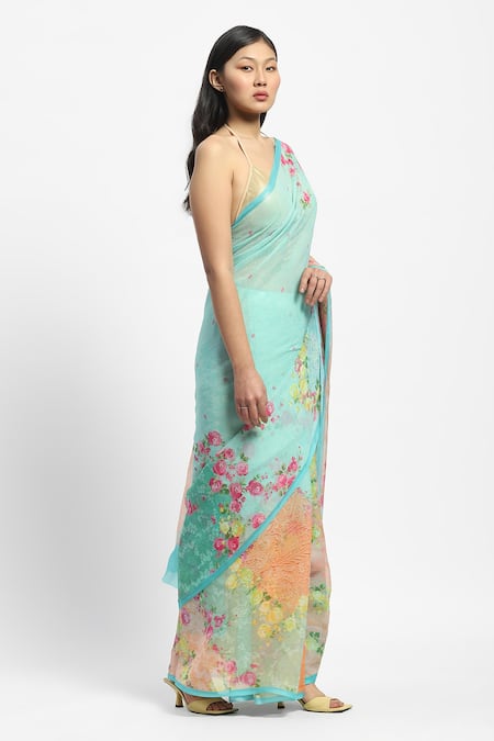 Buy Satya Paul Blue Chiffon Marseille Noon Print Saree With Running Blouse Online at Aza Fashions Buy_Satya Paul_Blue Chiffon Marseille Noon Print Saree With Running Blouse _Online_at_Aza_Fashions
