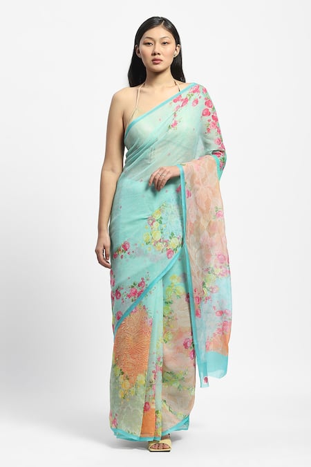 Shop Satya Paul Blue Chiffon Marseille Noon Print Saree With Running Blouse Online at Aza Fashions Shop_Satya Paul_Blue Chiffon Marseille Noon Print Saree With Running Blouse _Online_at_Aza_Fashions