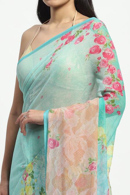Satya Paul Blue Chiffon Marseille Noon Print Saree With Running Blouse at Aza Fashions Satya Paul_Blue Chiffon Marseille Noon Print Saree With Running Blouse _at_Aza_Fashions