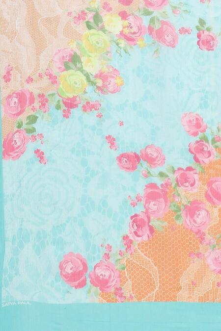 Buy Satya Paul Blue Chiffon Marseille Noon Print Saree With Running Blouse Buy_Satya Paul_Blue Chiffon Marseille Noon Print Saree With Running Blouse