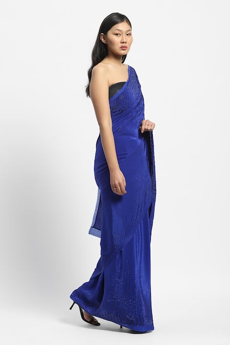 Shop_Satya Paul_Blue Viscose, Crepe Crystals Daphne Embroidered Saree With Running Blouse _Online_at_Aza_Fashions