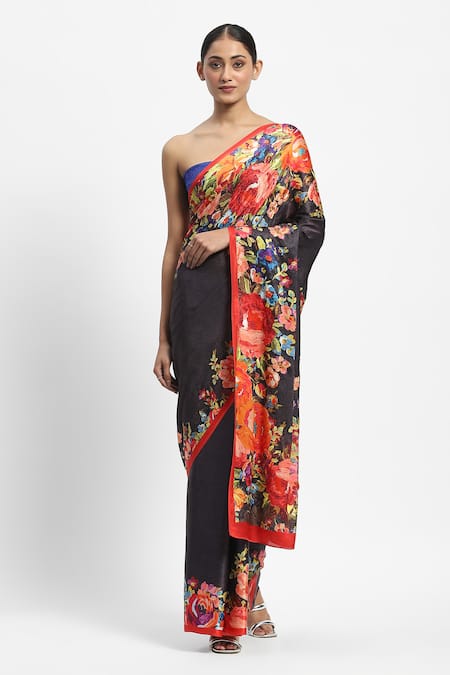 Satya Paul Spring Of The Wood Dragon Print Saree With Running Blouse 