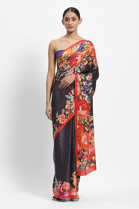 Satya Paul_Grey Georgette, Satin Spring Of The Wood Dragon Saree With Running Blouse _Online_at_Aza_Fashions