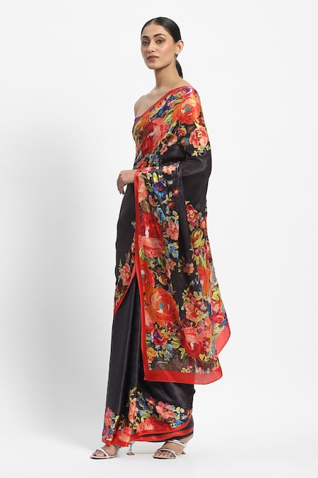 Buy_Satya Paul_Grey Georgette, Satin Spring Of The Wood Dragon Saree With Running Blouse _Online_at_Aza_Fashions