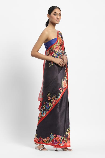 Shop_Satya Paul_Grey Georgette, Satin Spring Of The Wood Dragon Saree With Running Blouse _Online_at_Aza_Fashions