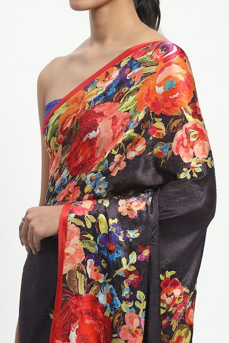 Satya Paul_Grey Georgette, Satin Spring Of The Wood Dragon Saree With Running Blouse _at_Aza_Fashions