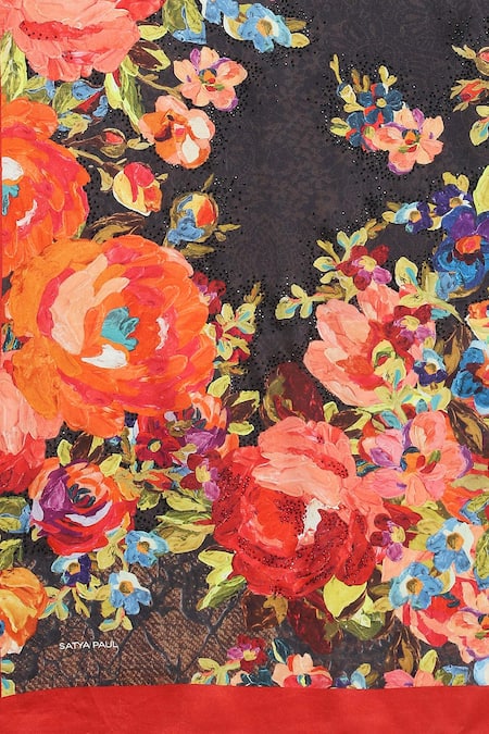 Buy_Satya Paul_Grey Georgette, Satin Spring Of The Wood Dragon Saree With Running Blouse 