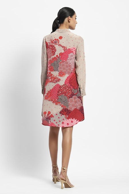 Shop Satya Paul Beige Viscose, Crepe Collared Firozi Quartz Print Dress at Aza Fashions Shop_Satya Paul_Beige Viscose, Crepe Collared Firozi Quartz Print Dress _at_Aza_Fashions