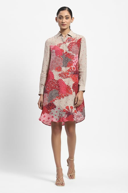 Satya Paul Beige Viscose, Crepe Collared Firozi Quartz Print Dress Online at Aza Fashions Satya Paul_Beige Viscose, Crepe Collared Firozi Quartz Print Dress _Online_at_Aza_Fashions