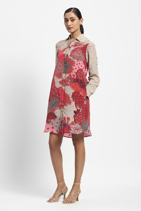 Buy Satya Paul Beige Viscose, Crepe Collared Firozi Quartz Print Dress Online at Aza Fashions Buy_Satya Paul_Beige Viscose, Crepe Collared Firozi Quartz Print Dress _Online_at_Aza_Fashions