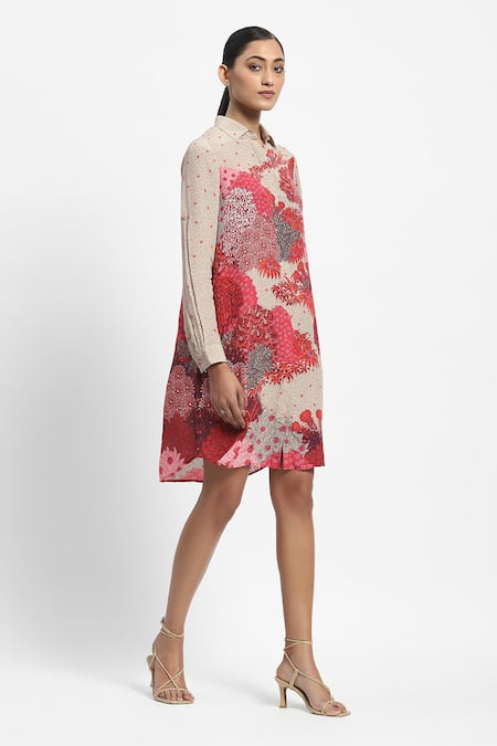 Shop Satya Paul Beige Viscose, Crepe Collared Firozi Quartz Print Dress Online at Aza Fashions Shop_Satya Paul_Beige Viscose, Crepe Collared Firozi Quartz Print Dress _Online_at_Aza_Fashions