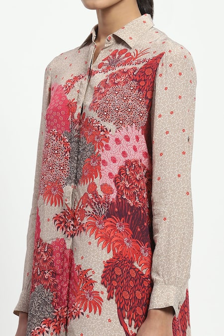 Satya Paul Beige Viscose, Crepe Collared Firozi Quartz Print Dress at Aza Fashions Satya Paul_Beige Viscose, Crepe Collared Firozi Quartz Print Dress _at_Aza_Fashions