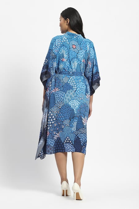 Shop Satya Paul Blue Crepe Embroidery V-neck Subnautica Print Kaftan With Belt at Aza Fashions Shop_Satya Paul_Blue Crepe Embroidery V-neck Subnautica Print Kaftan With Belt _at_Aza_Fashions