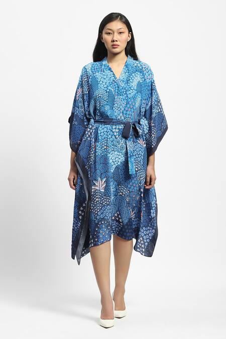 Satya Paul Blue Crepe Embroidery V-neck Subnautica Print Kaftan With Belt Online at Aza Fashions Satya Paul_Blue Crepe Embroidery V-neck Subnautica Print Kaftan With Belt _Online_at_Aza_Fashions