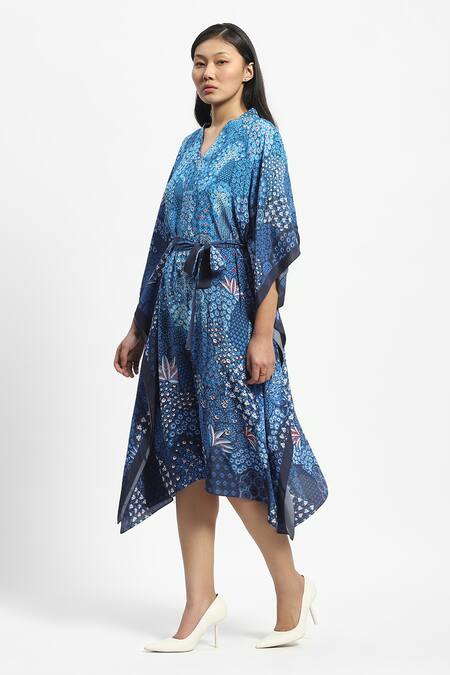 Buy Satya Paul Blue Crepe Embroidery V-neck Subnautica Print Kaftan With Belt Online at Aza Fashions Buy_Satya Paul_Blue Crepe Embroidery V-neck Subnautica Print Kaftan With Belt _Online_at_Aza_Fashions