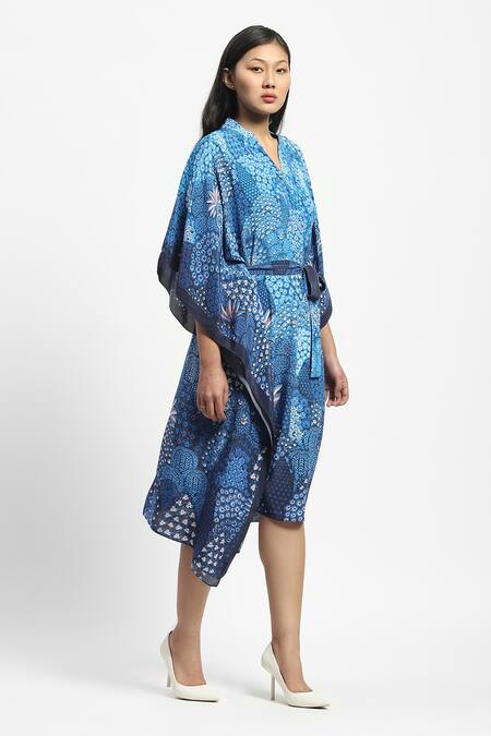 Shop Satya Paul Blue Crepe Embroidery V-neck Subnautica Print Kaftan With Belt Online at Aza Fashions Shop_Satya Paul_Blue Crepe Embroidery V-neck Subnautica Print Kaftan With Belt _Online_at_Aza_Fashions