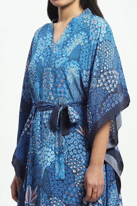 Satya Paul Blue Crepe Embroidery V-neck Subnautica Print Kaftan With Belt at Aza Fashions Satya Paul_Blue Crepe Embroidery V-neck Subnautica Print Kaftan With Belt _at_Aza_Fashions