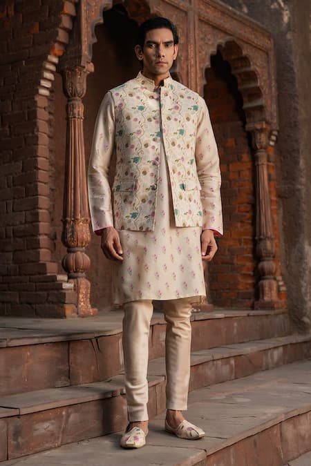 Label Niti Bothra_Ivory Silk, Chanderi Embroidery Floral Print Bundi And Kurta Set _Online_at_Aza_Fashions