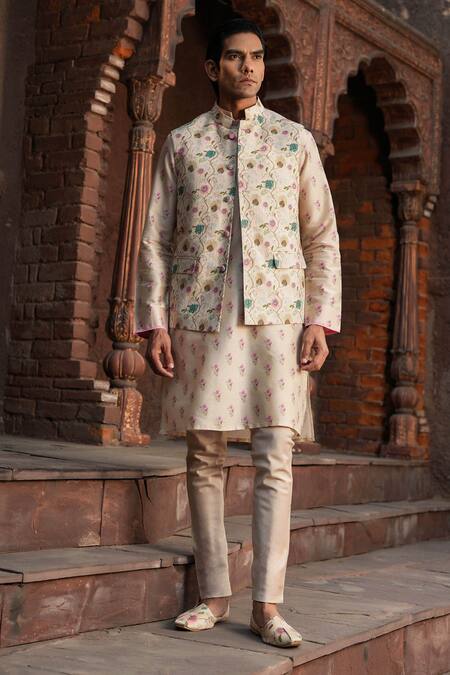 Buy_Label Niti Bothra_Ivory Silk, Chanderi Embroidery Floral Print Bundi And Kurta Set _Online_at_Aza_Fashions