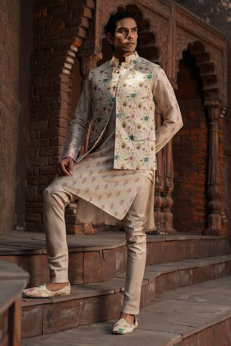 Shop_Label Niti Bothra_Ivory Silk, Chanderi Embroidery Floral Print Bundi And Kurta Set _Online_at_Aza_Fashions