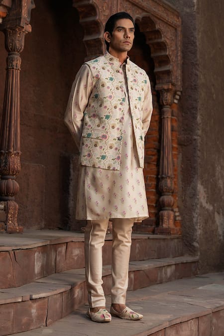 Label Niti Bothra_Ivory Silk, Chanderi Embroidery Floral Print Bundi And Kurta Set _at_Aza_Fashions