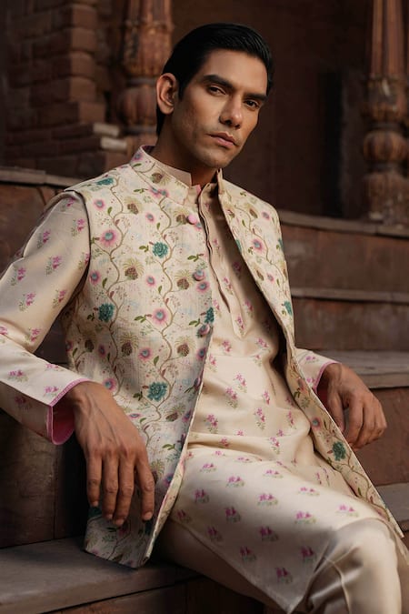 Buy_Label Niti Bothra_Ivory Silk, Chanderi Embroidery Floral Print Bundi And Kurta Set 